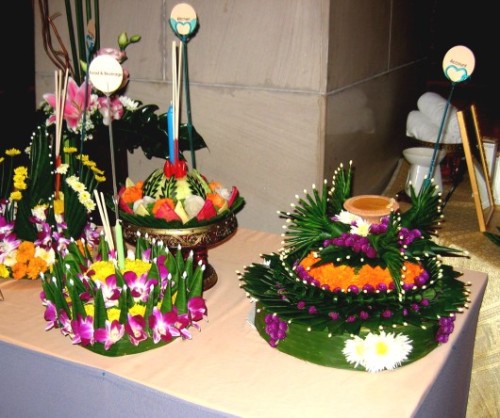 Beautifully decorated Loy Krathong rafts on display in our Chiang Mai hotel lobby